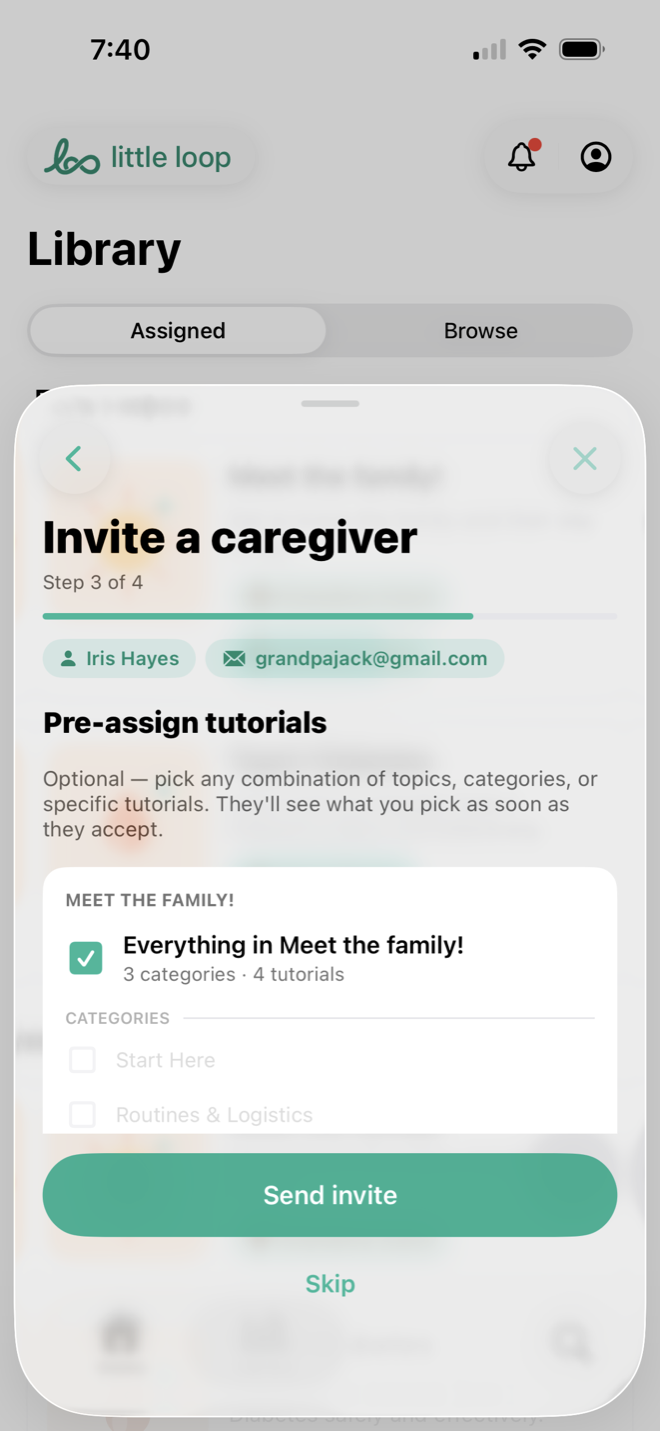 Invite a caregiver flow — pre-assigning the tutorials they'll see as soon as they accept