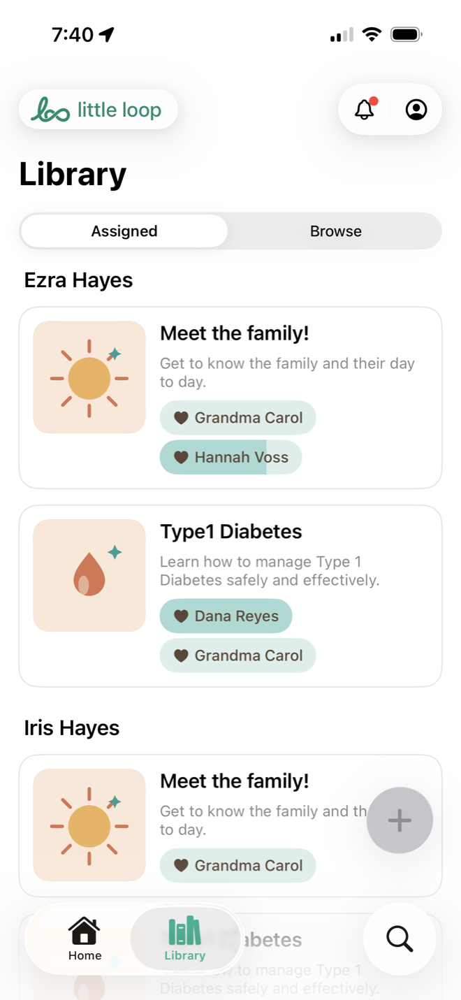 Library screen showing tutorials assigned to each child and caregiver