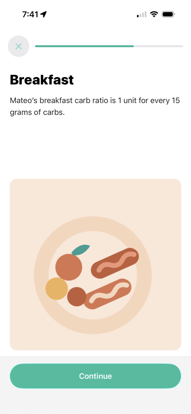 A tutorial step showing the child's own breakfast carb ratio, in plain language