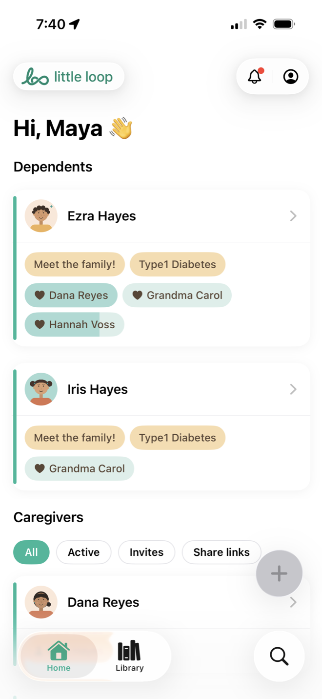 Little Loop app home screen — a guardian's dependents and the caregivers helping with each child